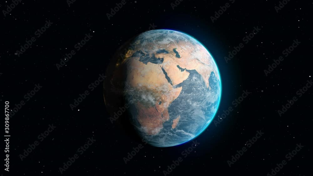 4K animation in space with the Earth rotating and a zoom in on the African continent map