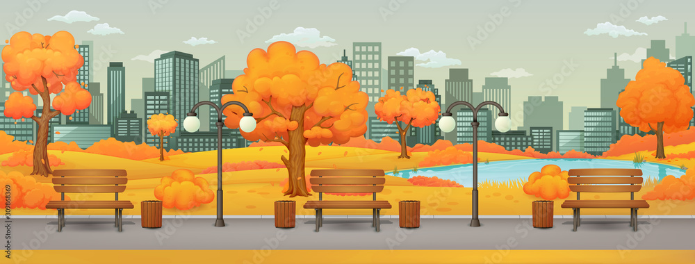Autumn day park,street scene. Benches with trash cans and street lamps ...