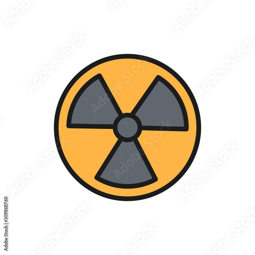 Vector radiation sign, radioactive warning flat color line icon.