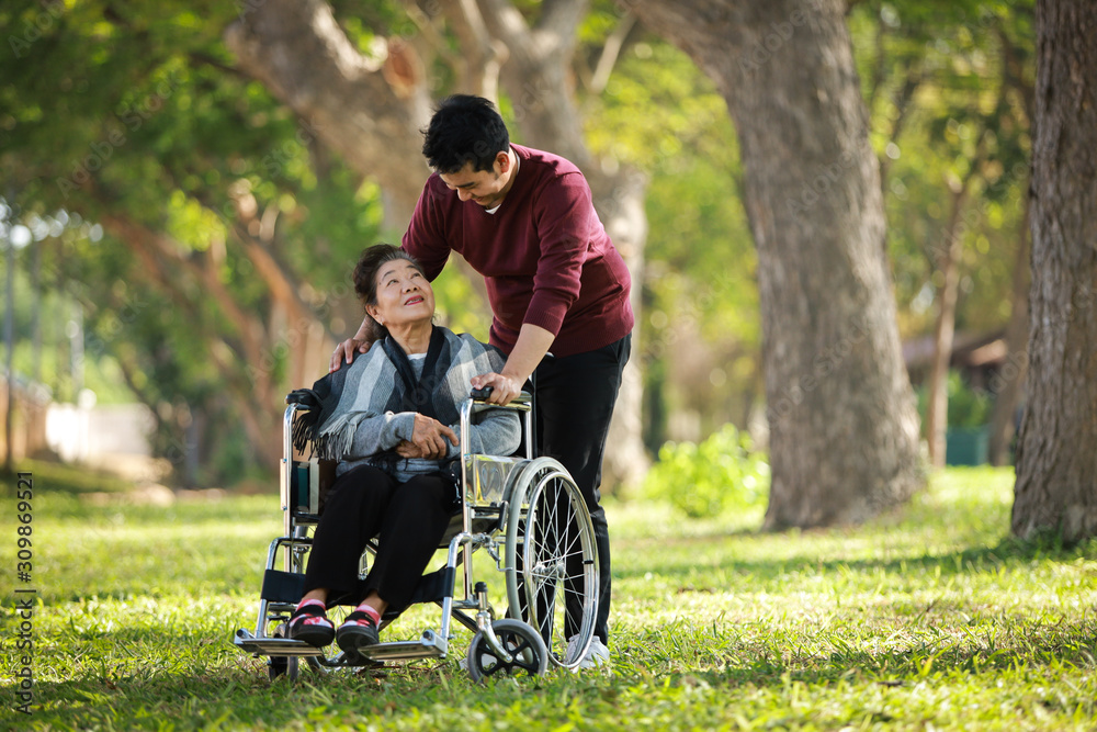 Asian senior woman sitting on the wheelchair with her son happy smile face on the green park Asian senior woman sitting on the wheelchair with her son happy smile face on the green park