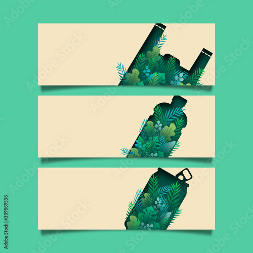 Set of green banner background template.Zero waste of ecology and environment concept.Paper cut vector illustration.