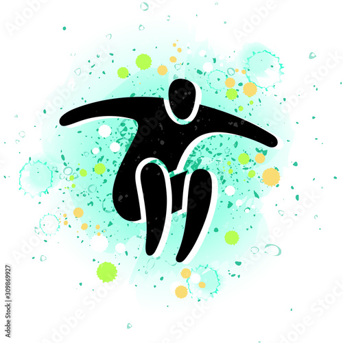 Vector illustration of jumping people, dance leap on watercolor background with paint spots. Man woman kid silhouette. Trampoline park concept. Healthy active sport. Bounce party decoration. EPS 10