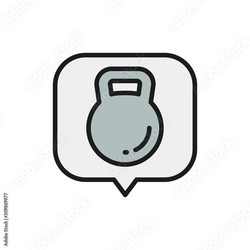 Kettlebell in speech bubble, heaviness in the stomach flat color line icon.