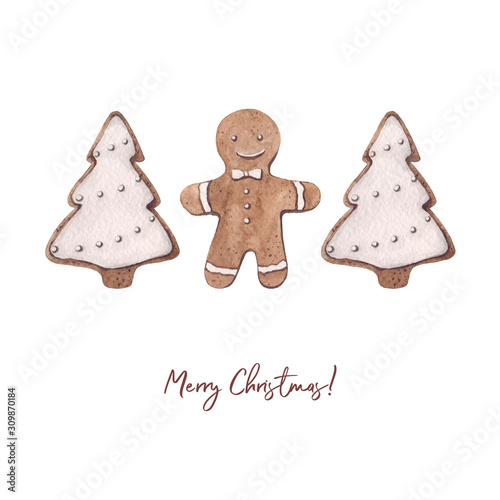 Watercolor Christmas card. Hand painted gingerbread cookies, gingerbread man, gingerbread herringbone, sweets, cookies. Christmas illustrations for cards, design, print.