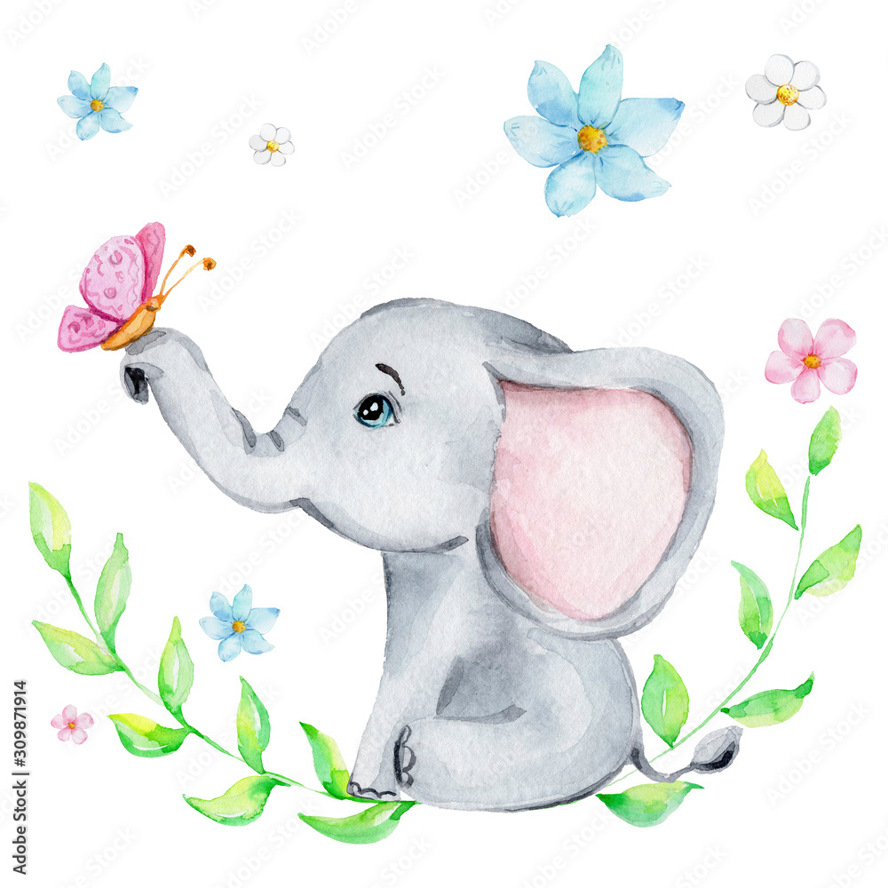 Cute little elephant with pink butterfly and flowers; watercolor hand