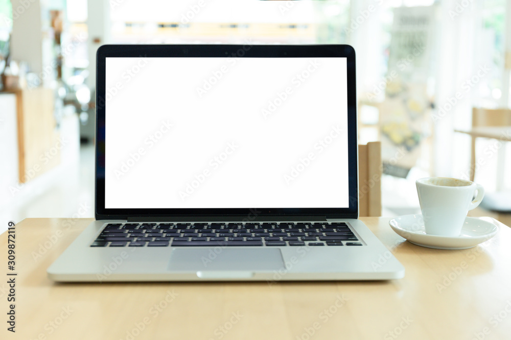 mockup image blank screen computer with blank white background for advertising text,hand man using laptop contact business search information on desk at home office.marketing and creative design mockup image blank screen computer with blank white background for advertising text,hand man using laptop contact business search information on desk at home office.marketing and creative design
