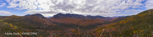 White Mountain National Forest fall foliage on Kancamagus Highway near Hancock Notch panorama aerial view, Town of Lincoln, New Hampshire NH, USA. © Wangkun Jia