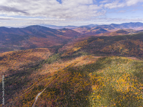 White Mountain National Forest fall foliage on Kancamagus Highway near Hancock Notch aerial view, Town of Lincoln, New Hampshire NH, USA. © Wangkun Jia