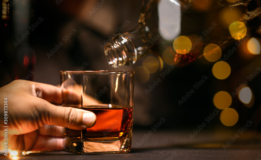 Bartender Serve Whiskey, on wood bar,  M
