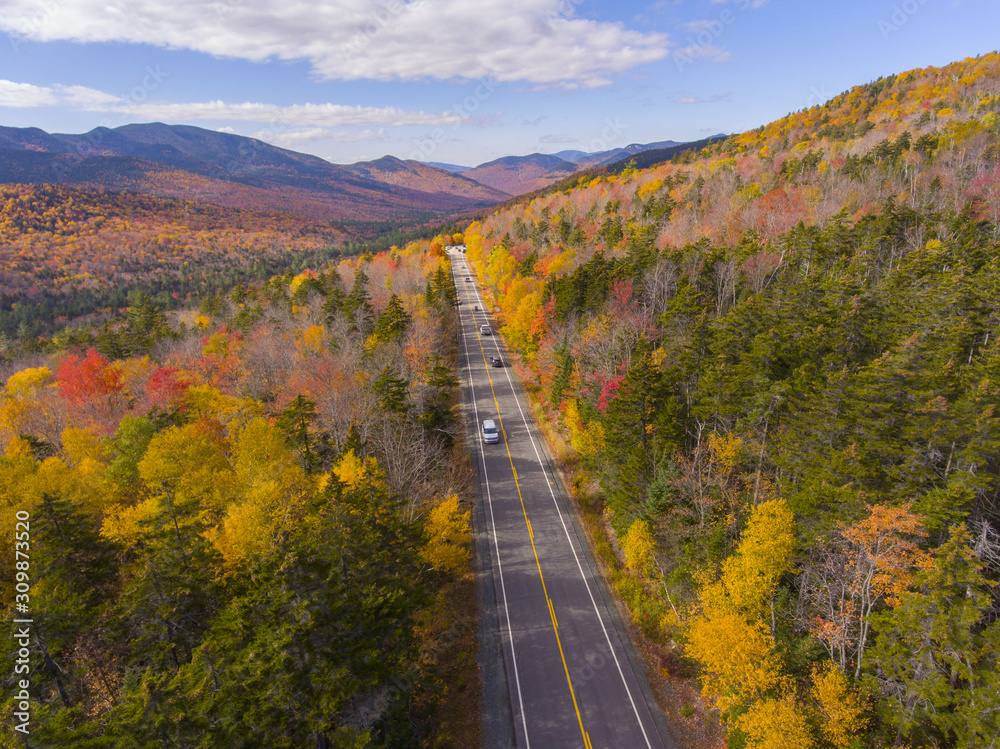 White Mountain National Forest fall foliage on Kancamagus Highway near Hancock Notch aerial view, Town of Lincoln, New Hampshire NH, USA.