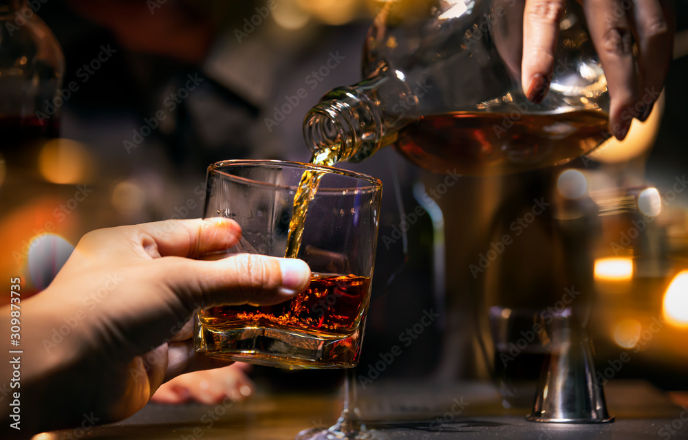 Bartender Serve Whiskey, on wood bar