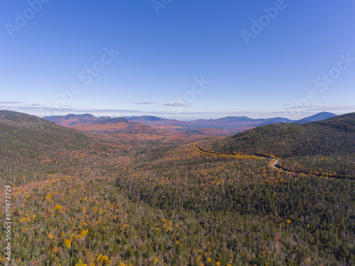 White Mountain National Forest fall foliage on Kancamagus Highway near Kancamagus Pass at Wangan Overlook aerial view, Town of Lincoln, New Hampshire NH, USA.