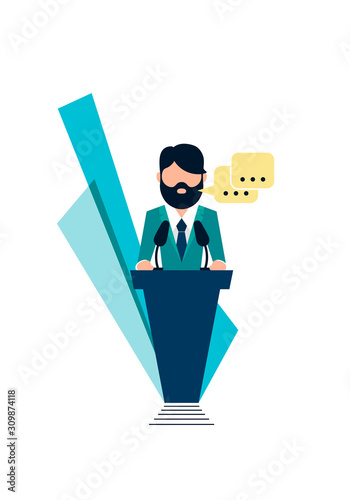 Vector illustration. Public Speaking on podium for presentation and seminar for people with microphone. Graphic design idea - Vector