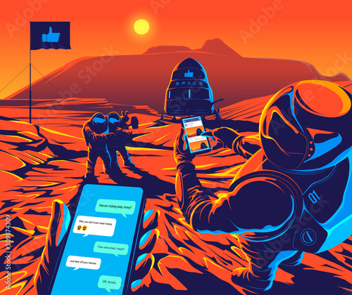 The astronauts are taking selfies and playing social networks for celebrating for the first walk on Mars with the Olympus Mons behind.