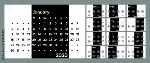 2020 perpetual style monochrome calendar vector template