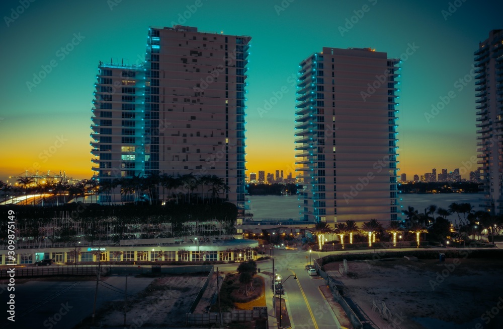 miami sunset dusk buildings blue yellow travel office view panoramic florida usa