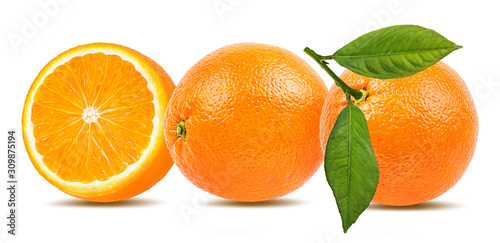 Fresh oranges with leaves isolated on white background with clipping path