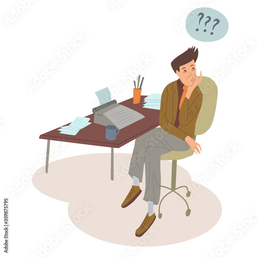 Male worker with typewriter. Occupation, author prints. Flat design svector illustration.
