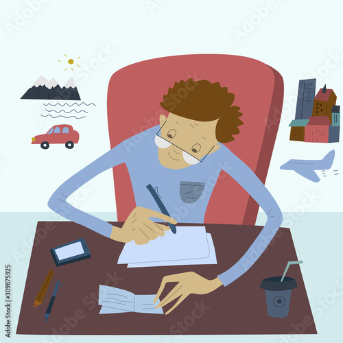 Man sitting at his a desk and writes about travel. Flat vector illustration.