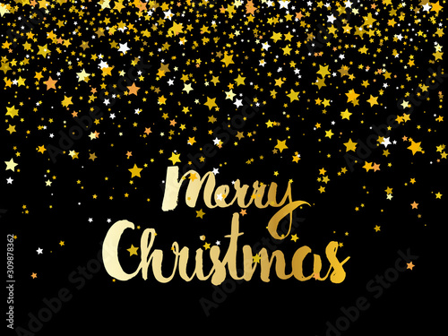 Merry Christmas greeting card. Golden stars and Merry Christmas phrase on dark background. Vector illustration