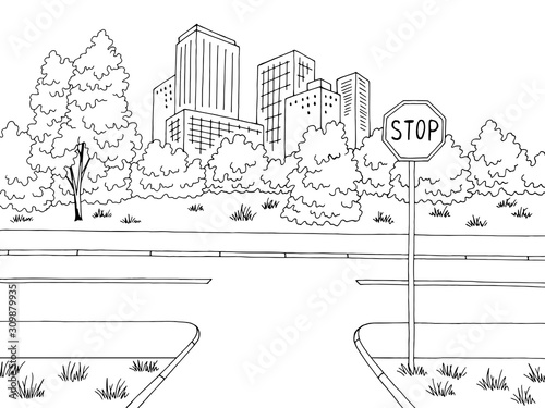 Crossroad street road graphic black white city landscape sketch illustration vector