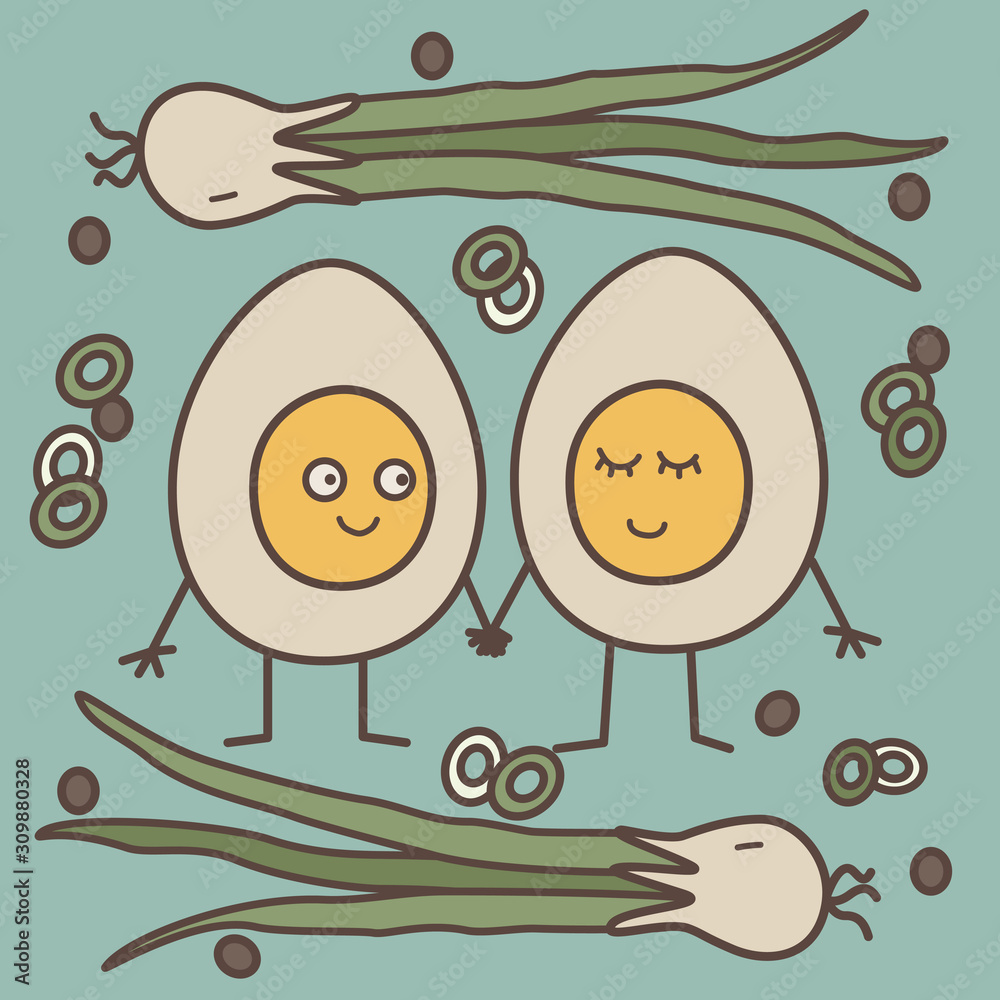 Two halves of the egg are friends, onion, black pepper, fried eggs