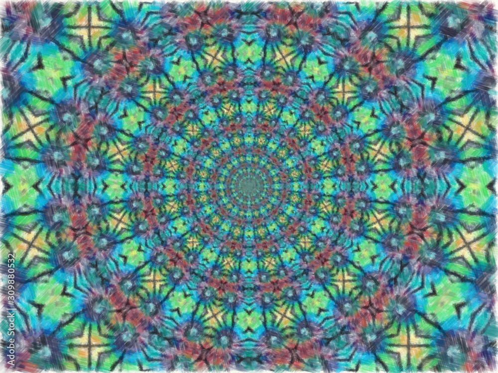 Colorful digital graphic kaleidoscope symmetry mandala style in laser light sunray trial pattern, Tie Dye , spiderweb art abstract background for art projects, banner, business,   card, 3D, template