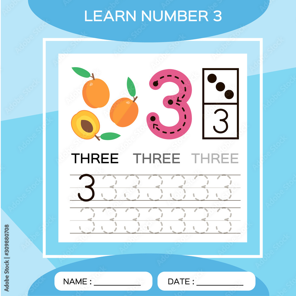 Learn number 3. Three . Children educational game. Kids learning material. Lets Trace number 3 and write. Counting game. Blue background. Peach.