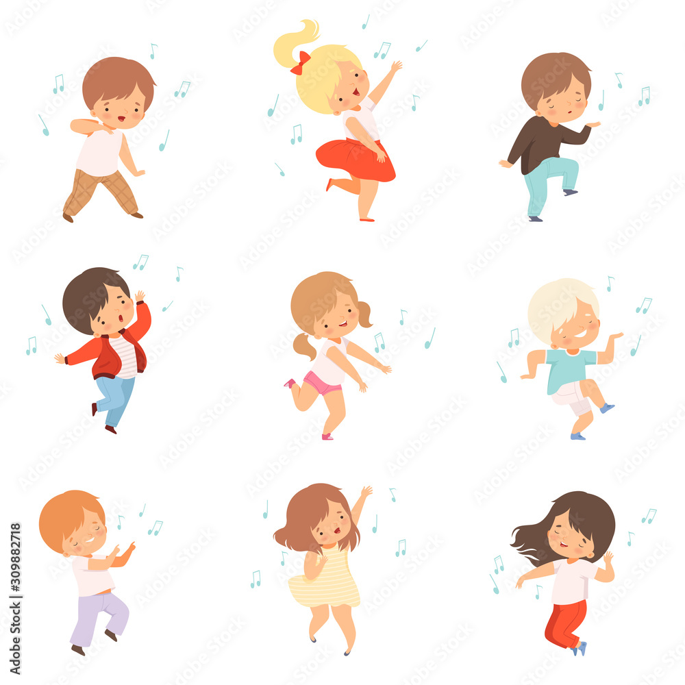 Cute Boys and Girls Singing and Dancing Set, Lovely Kids Enjoying Listening to Music Cartoon Vector Illustration Cute Boys and Girls Singing and Dancing Set, Lovely Kids Enjoying Listening to Music Cartoon Vector Illustration