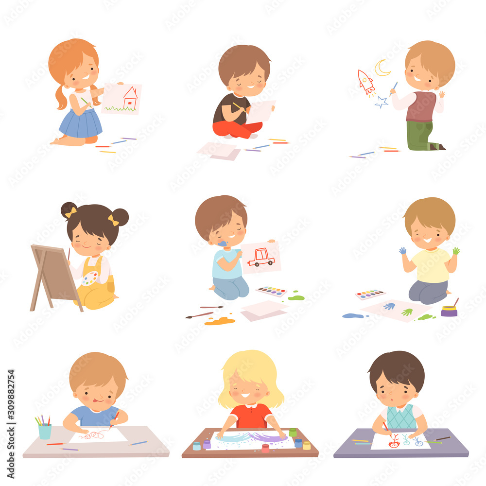 Cute Children Sitting on the Floor and Drawing Pictures with Colorful Pencils Set, Adorable Young Artists Cartoon Characters, Kids Creative Hobbies Vector Illustration Cute Children Sitting on the Floor and Drawing Pictures with Colorful Pencils Set, Adorable Young Artists Cartoon Characters, Kids Creative Hobbies Vector Illustration