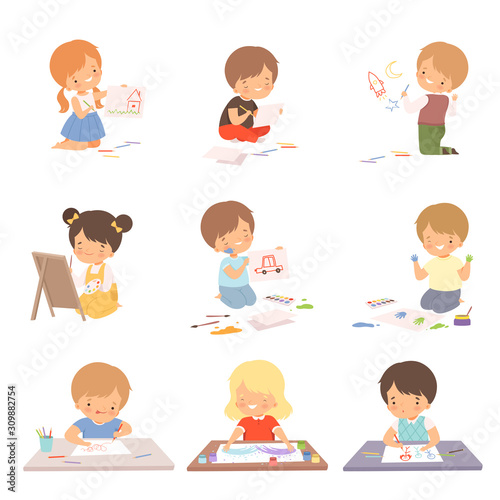Cute Children Sitting on the Floor and Drawing Pictures with Colorful Pencils Set, Adorable Young Artists Cartoon Characters, Kids Creative Hobbies Vector Illustration