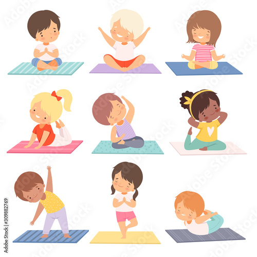 Cute Boys and Girls Practicing Yoga Exercises Collection, Active Healthy Lifestyle Vector Illustration