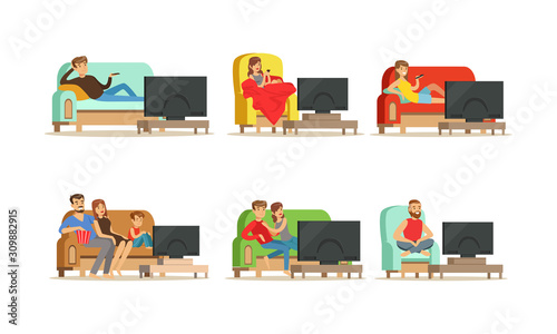 People Characters Sitting on Cozy Couch and Armchair and Watching TV Vector Illustrations Set