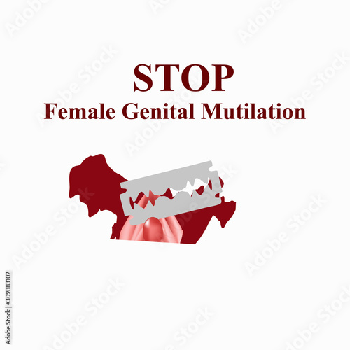 International Day of Zero Tolerance for Female Genital Mutilation. Female external genitalia. The vulva blade cuts. Female circumcision. Circumcision of the vulva and clitoris in Muslims. Vector