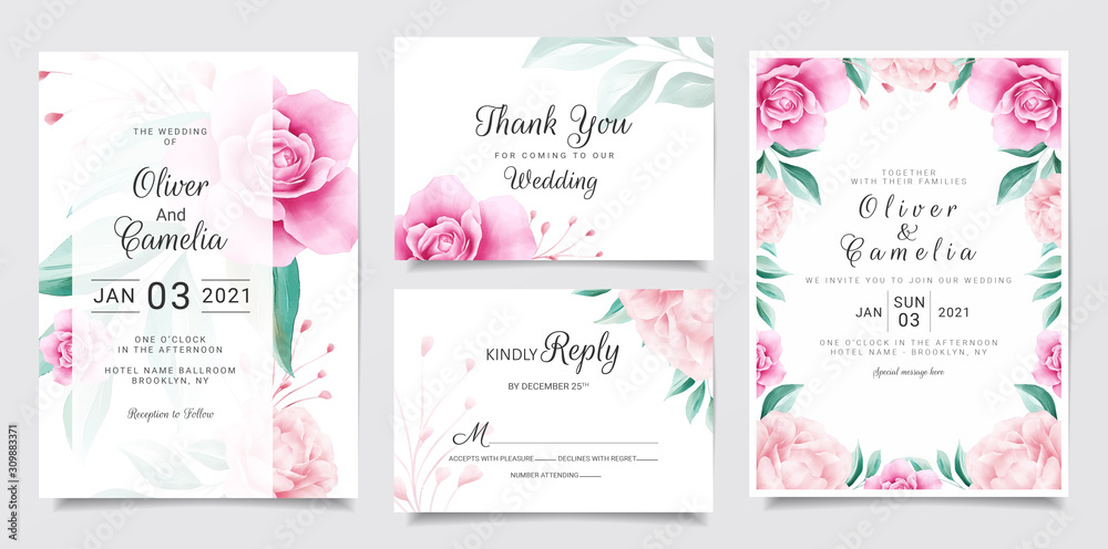Wedding invitation card template set with watercolor flowers decoration. Botanic and leaves illustration for background, save the date, invitation, greeting card, etc