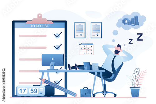 Handsome office worker sleeps at workplace. Rest after all work done. Time management concept background.