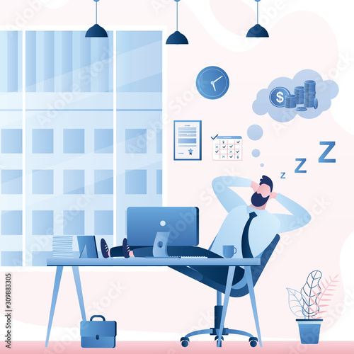 Handsome office worker sleeps at workplace. Rest after all work done. Time management concept background.