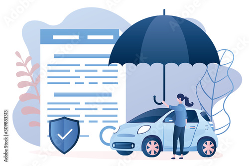 Car insurance concept. Woman hold umbrella, modern car with agreement. Warranty and shield symbol that guards vehicle from accident