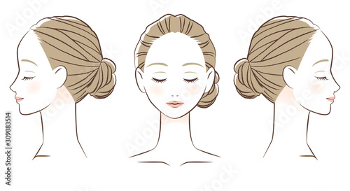 目を閉じた女性の顔　正面と横顔 線画