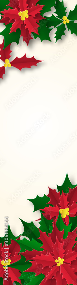 Vertical banner with red poinsettia. Design for advertising and social networks. Place for text. Paper cut. Vertical banner with red poinsettia. Design for advertising and social networks. Place for text. Paper cut.