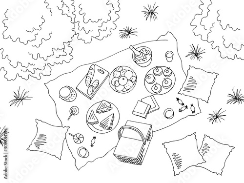 Picnic view from above top graphic black white landscape sketch illustration vector