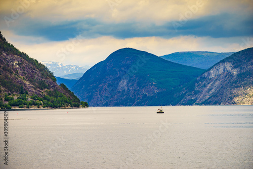 Fjord landscape with ship, Norway photo