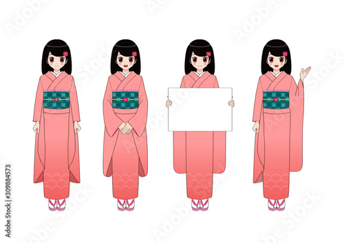 Anime Girl in Employee or Kimono Wear (vector set).