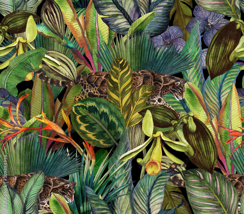 Tropical pattern with clouded leopard and tropical flowers. Seamless pattern with orchids and wild cat. - obrazy, fototapety, plakaty 