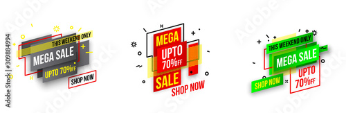 Abstract mega sale flat badges geometric shapes set. Final sale banner isolated on white background. Yellow, red, green and black colors special offer banner set. Shop now web app, poster illustration