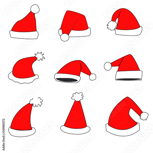 collection of different shapes santa christmas hats in red black white color