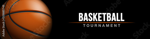 Basketball tournament sport poster design banner with 3d realistic shiny ball isolated on black background. luxury horizontal flyer Illustration Basketball championship template realistic orange ball