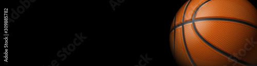Basketball tournament blank poster design banner with 3d realistic shiny ball isolated on black background with place for text. horizontal empty Illustration Basketball template realistic orange ball