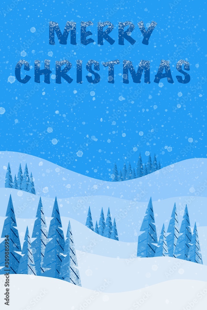 Winter landscape illustration with fir trees and snowflakes. Christmas and New Year illustration.