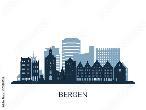 Bergen skyline, monochrome silhouette. Vector illustration.